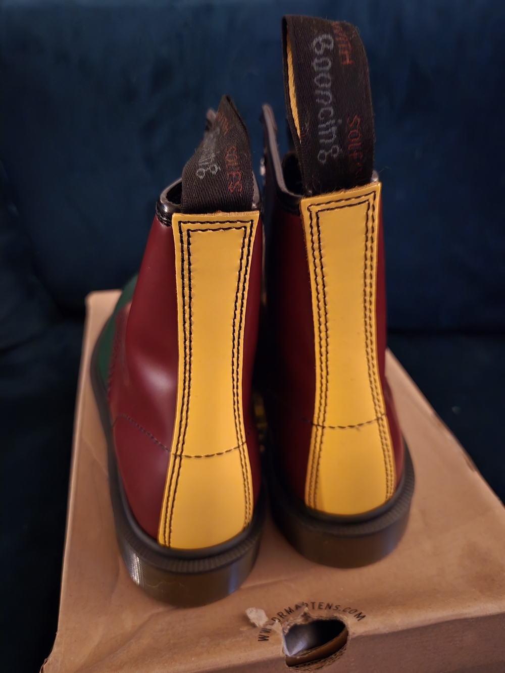 Dr. Martens Tri-Tone Burgundy, Green & Yellow 8-Eye Leather Boots - Picture 4 of 8